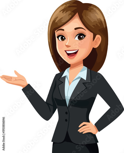 Business Woman Presenting With Open Hand In Black Suit White Blouse