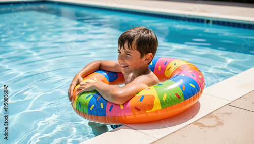Joyful Boy in Swimming Pool: A smiling young boy floats blissfully in a sparkling swimming pool, embracing the warmth of summer with a colorful inflatable ring