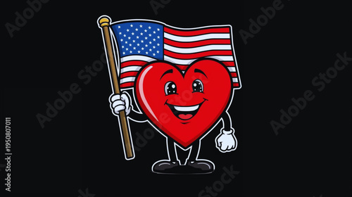 illustration a cartoon heart character holding american flag on black background