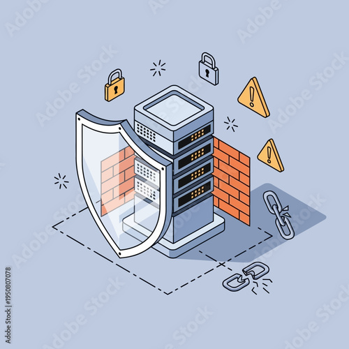 Isometric illustration of a server protected by a shield and firewall, with security locks and broken chain.