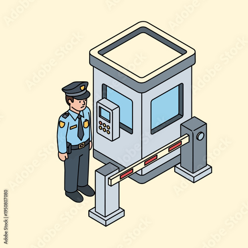 Isometric illustration of a security guard standing near a checkpoint booth with a barrier.