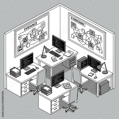 Isometric view of a cybercrime investigation office with computers and evidence boards.
