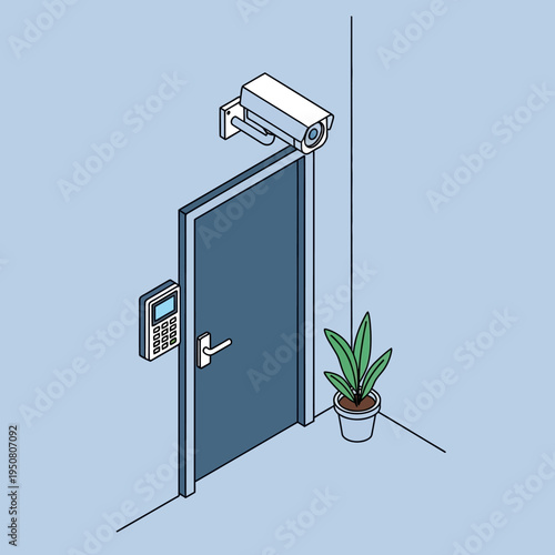 Isometric illustration of a security camera mounted above a closed door with an access control panel.