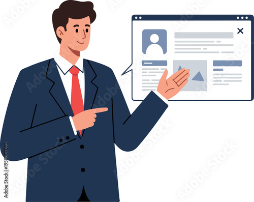 Businessman Points to Website Profile Page with Smooth Lighting