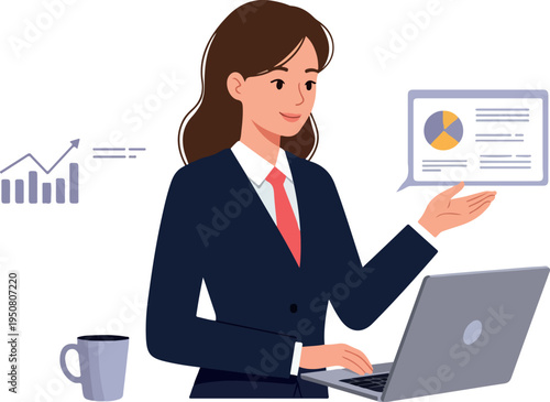 Businesswoman Analyzing Financial Data on Laptop Minimal Illustration