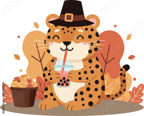 Cute Leopard Wearing Pilgrim Hat Drinks Boba Tea Autumn Leaves Background