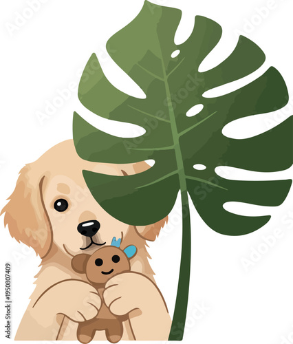 Golden Retriever Puppy Holding a Teddy Bear with Monstera Leaf