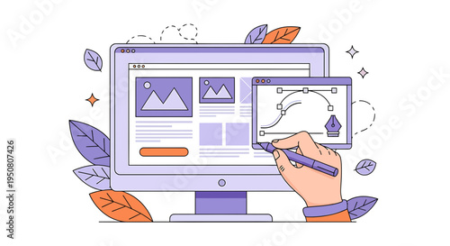 Vector illustration of hand designing graphic on computer with stylus