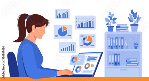 Vector illustration of woman working on laptop with graphs and charts