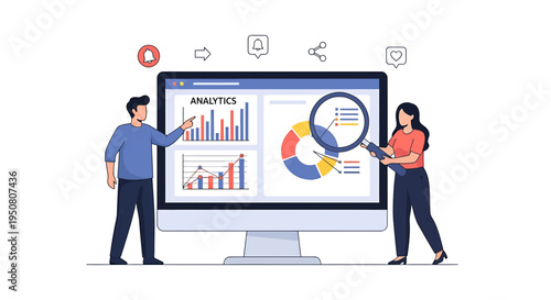 Vector illustration of two people analyzing data on a computer screen