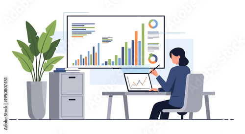 Vector illustration of woman working with laptop and data analysis on screen