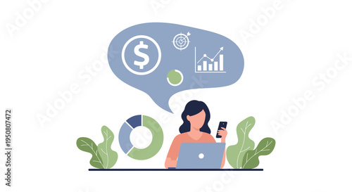 Vector illustration of woman working on laptop with finance icons