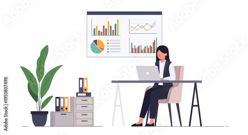 Vector illustration of woman working on laptop at desk with office supplies and data charts