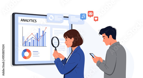 Vector illustration of business people analyzing data on screen