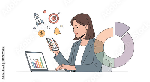 Vector illustration of businesswoman analyzing data on laptop and phone