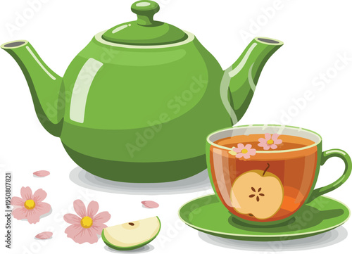 Green Teapot and Tea Cup with Apple Slice and Flowers Vector
