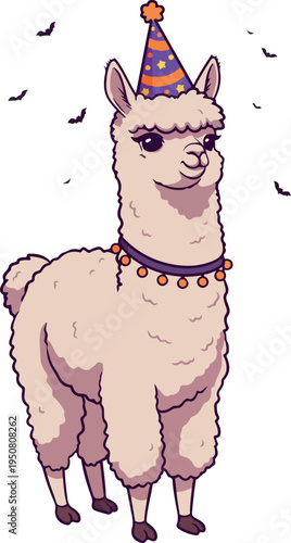 Happy Alpaca Wearing Party Hat and Necklace Isolated on White Background
