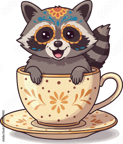 Cute Raccoon In A Tea Cup With Day Of The Dead Face Paint