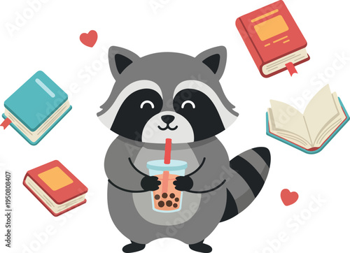 Cute Raccoon Holding Boba Tea Surrounded By Books Isolated Vector Art