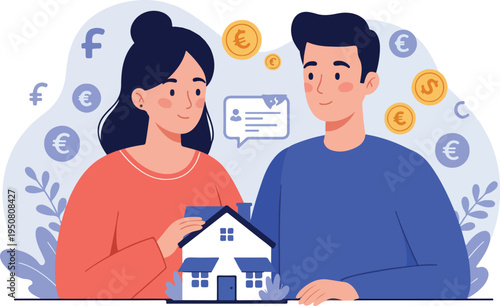 Couple Invests In House Money Euro Coin Flat Design Vector Illustration