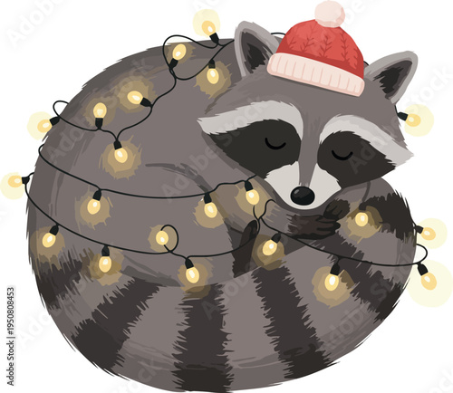 Cute Raccoon Sleeping Wrapped In Twinkling Christmas Lights