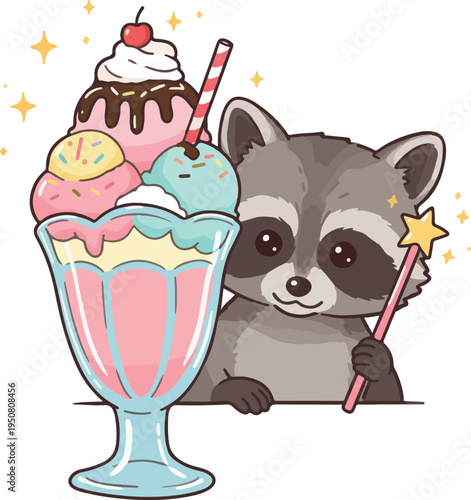 Cute Raccoon With Magical Ice Cream Sundae Sparkles