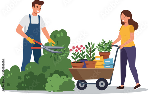 Happy Couple Gardening Together Green Bushes and Plants Vector
