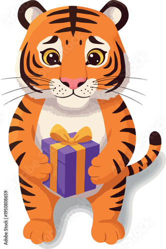 Cute Sad Tiger Holding Purple Gift Box Cartoon Vector Illustration