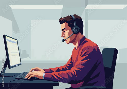 Customer Service Man Working Computer Wearing Headset Pixel Art Style