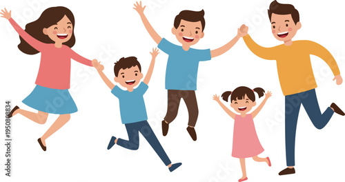 Happy Family Jumping Joyfully With Colorful Outfits White Background Flat Design