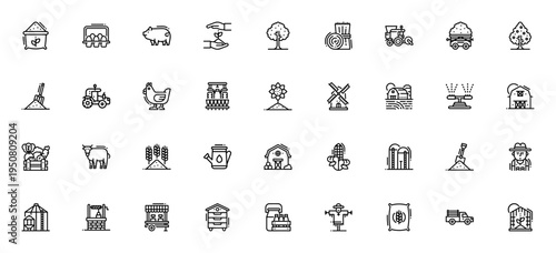 Farm icon set. Vector agriculture collection. Includes tractor, farmer, cow, pig, chicken, crops, tools and more. Editable thin line illustrations.