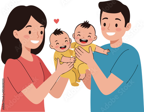 Happy Parents Hold Adorable Twin Babies Flat Design Isolated Vector Illustration