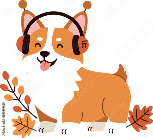 Cute Corgi Dog Listening Music with Autumn Leaves