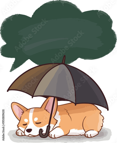 Cute Corgi Dog Sleeping Under Umbrella on Rainy Day