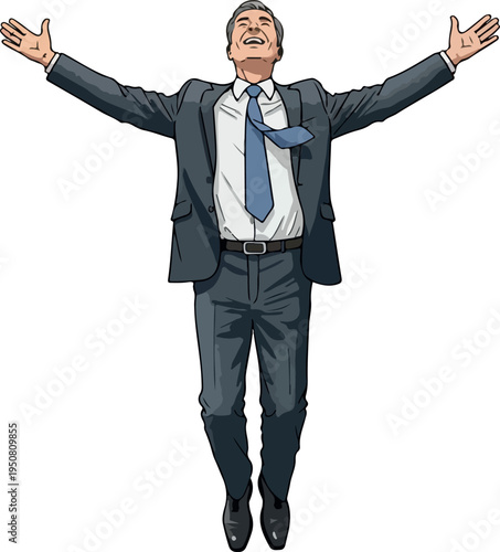 Joyful Businessman Celebrating Success Arms Wide Open in Dark Suit