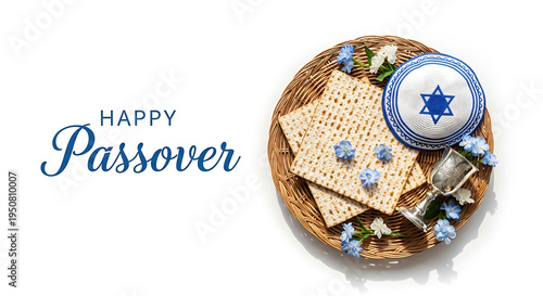 Happy passover greeting card with matzah and star of david on plate