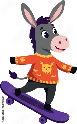 Cute Donkey Character Riding Purple Skateboard Wearing Orange Sweater Vector