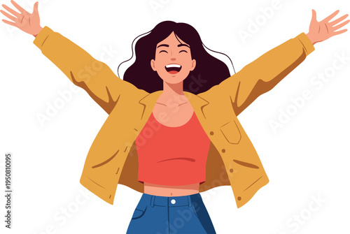 Joyful Woman Yellow Jacket Orange Top Blue Jeans Arms Outstretched White Background