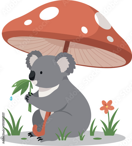 Koala Under Red Mushroom Umbrella Eating Leaves Outdoors