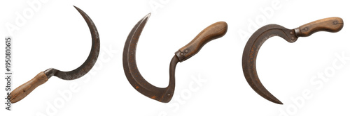 Εκτύπωση καμβά Set and collection of vintage rusty sickle tools, ancient curved blade grass cut