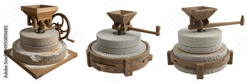 Quadro su tela Set and collection of vintage stone flour mill antique hand crank grain grinder