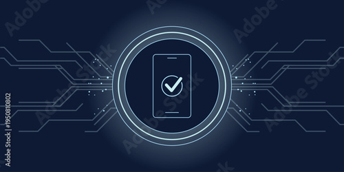 Trusted device verification symbol. Smartphone rectangle inside circular authentication ring. Connected network nodes forming secure verification infrastructure.