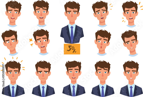 Man Faces Expressions Emotions Vector Icons Set Flat Design