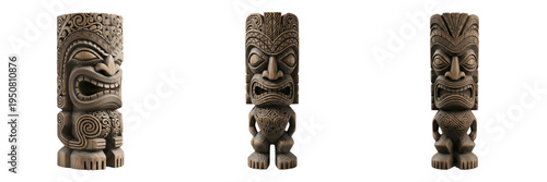 Obraz na płótnie Set and collection of traditional wooden tiki statues and Polynesian tribal tote