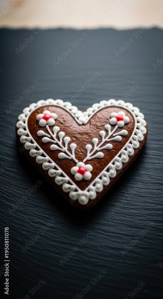 Obraz premium Delicate heart-shaped gingerbread cookie with intricate white icing and floral details, a sweet treat for any occasion.