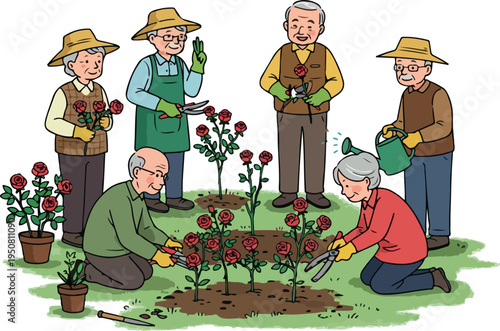 Elderly Gardeners Tending Rose Bushes in a Sunny Garden Flat Design