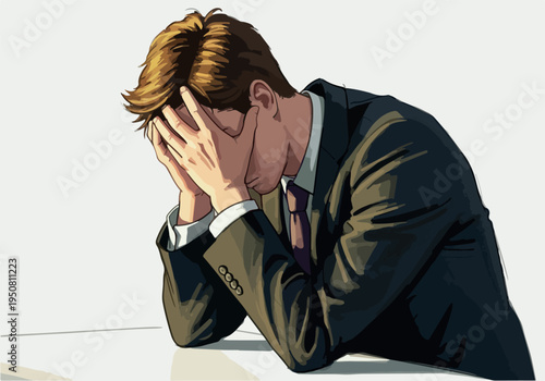 Man In Suit Hiding Face Frustrated Stress Isolated White Background Pixel Art