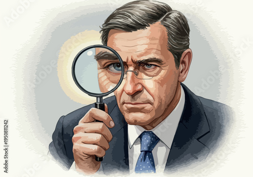 Man In Suit Inspecting With Magnifying Glass Soft Focus Background