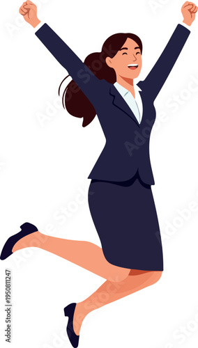 Energetic Businesswoman in Navy Suit Jumps for Joy White Background
