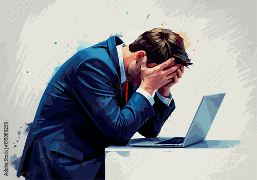 Man In Suit Holds Head In Despair At Laptop